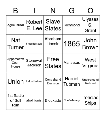 Civil War Bingo Card