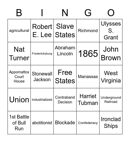 Civil War Bingo Card