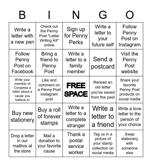 National Letter Writing Month Bingo Card