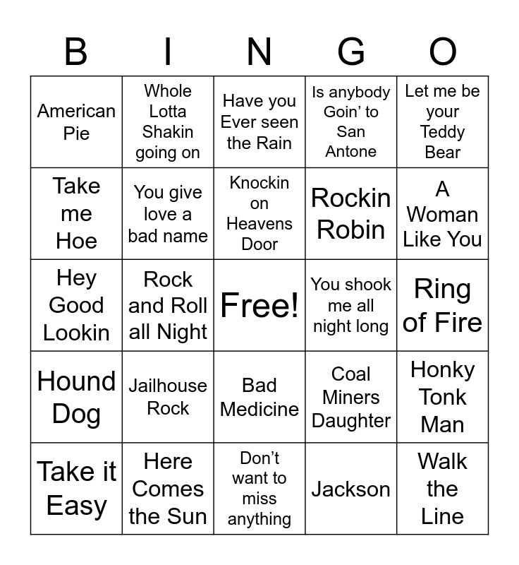 Recreation Bingo Card