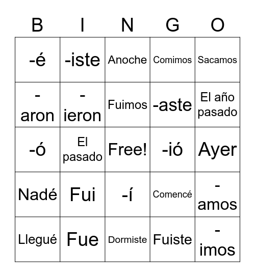 El Preterito Parte 1 Bingo Card 2879