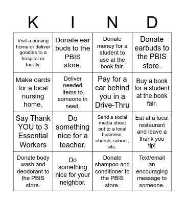 KABMS KIndness Bingo Card