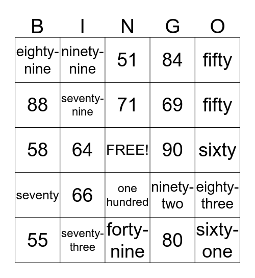 Numbers to 100! Bingo Card