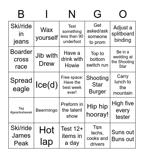 BCM Gear Test 2023 Bingo Card