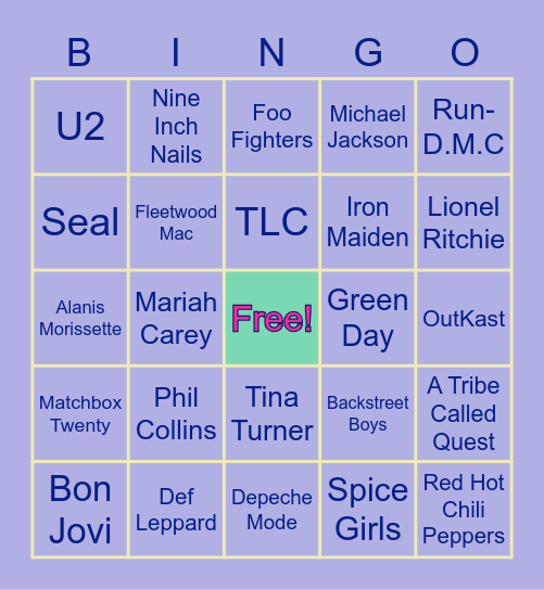 Music of the 80s and 90s Bingo Card