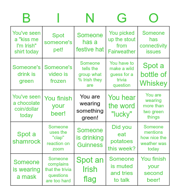 St Patricks Day Bingo Card