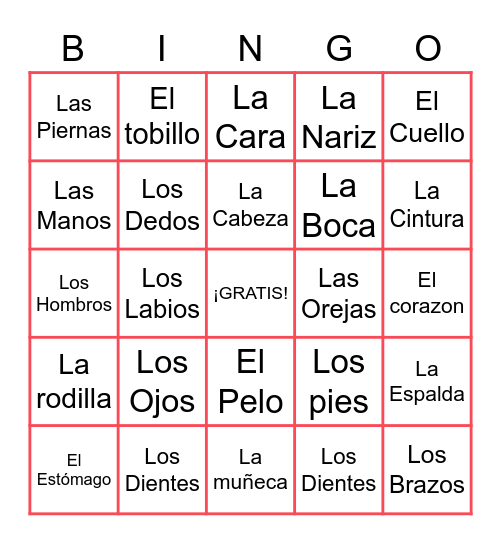 Body Parts Spanish Bingo Card