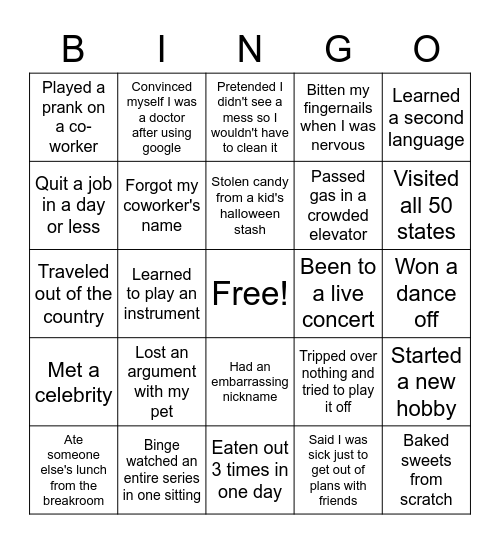 Never Have I Ever BINGO Card