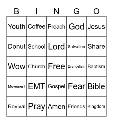 Youth Sunday Bingo Card