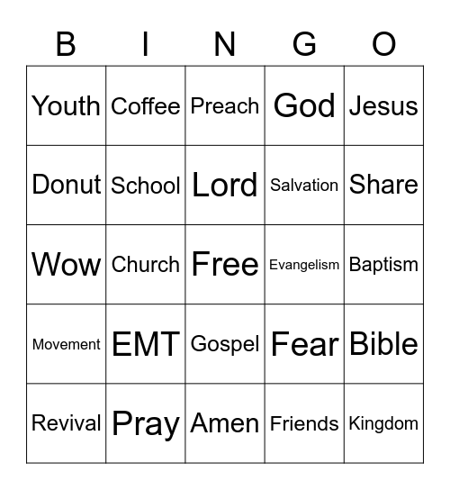 Youth Sunday Bingo Card