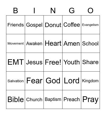 Youth Sunday Bingo Card