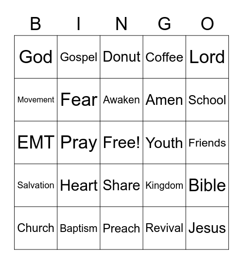 Youth Sunday Bingo Card