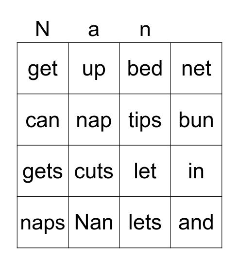 Nan in a Net Bingo Card