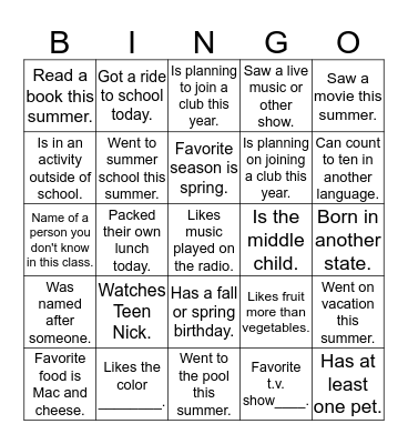 All About Me  Bingo Card