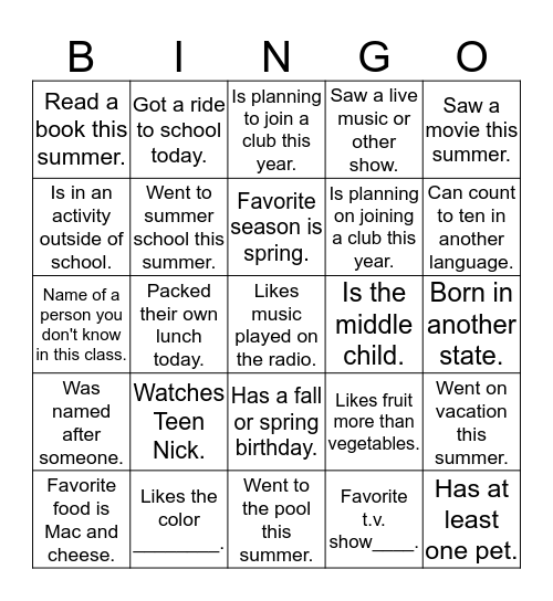 All About Me  Bingo Card