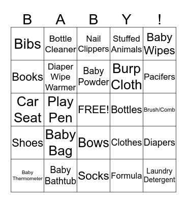Baby Gifts Bingo Card