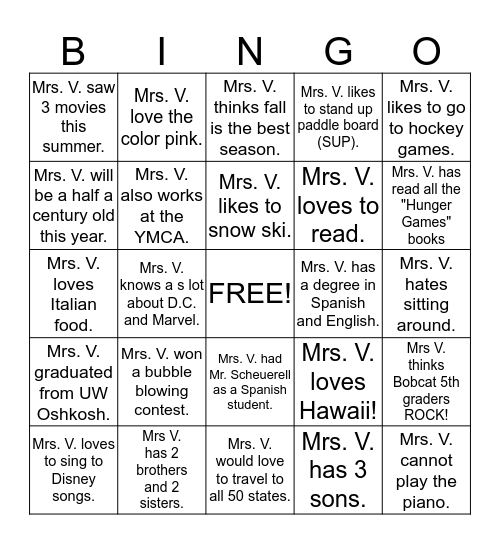 All About Mrs. Vandenberg  Bingo Card