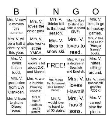 All About Mrs. Vandenberg  Bingo Card