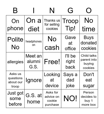 Cookie Booth Bingo Card