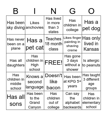 Kid's Place at Grace Preschool Bingo Card