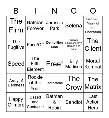 1990s Movies Bingo Card