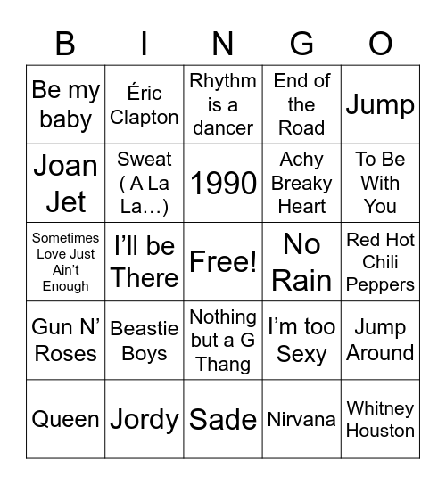 1992 Hits Bingo Card