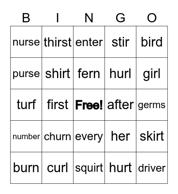 er, ir, ur Bingo Card