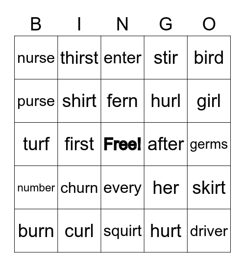 er, ir, ur Bingo Card
