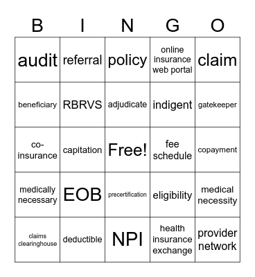 Insurance Terminology Bingo Card