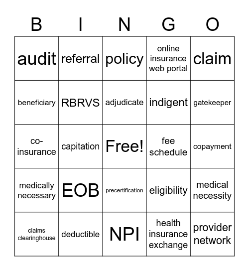 Insurance Terminology Bingo Card