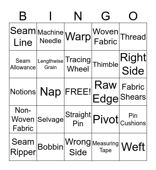 Sewing Tools and Terms Bingo Card