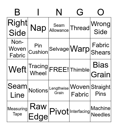 Sewing Tools and Terms Bingo Card