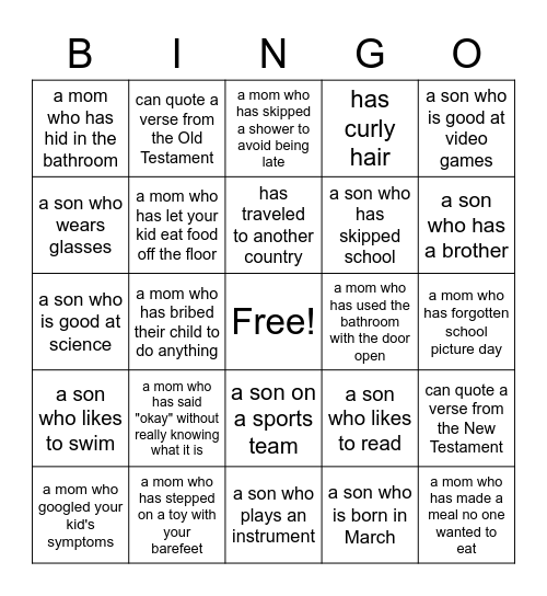 Mother/Son Bingo Card