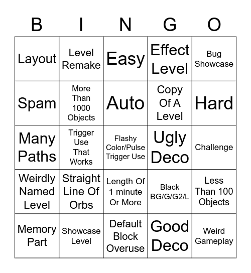 Geometry Dash Levels You made Bingo Card