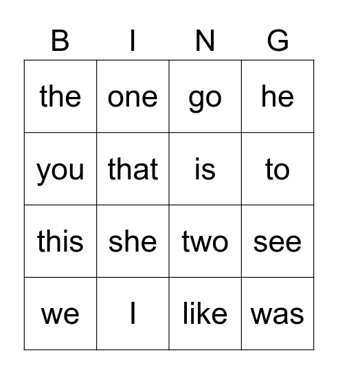 Kinder Sight Word Bingo Card