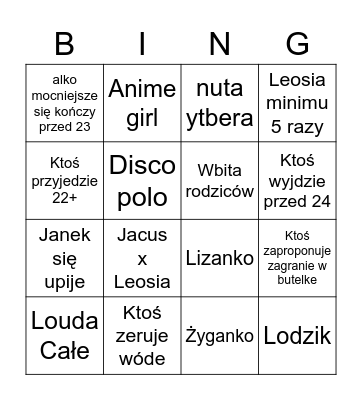 Bingo Impreza Janka Bingo Card