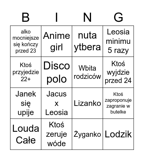 Bingo Impreza Janka Bingo Card