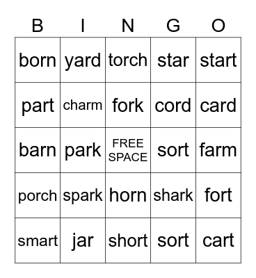 /ar/ and /or/ Words Bingo Card