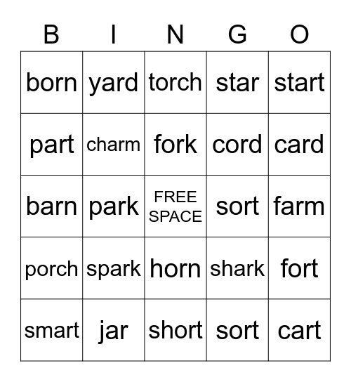 /ar/ and /or/ Words Bingo Card