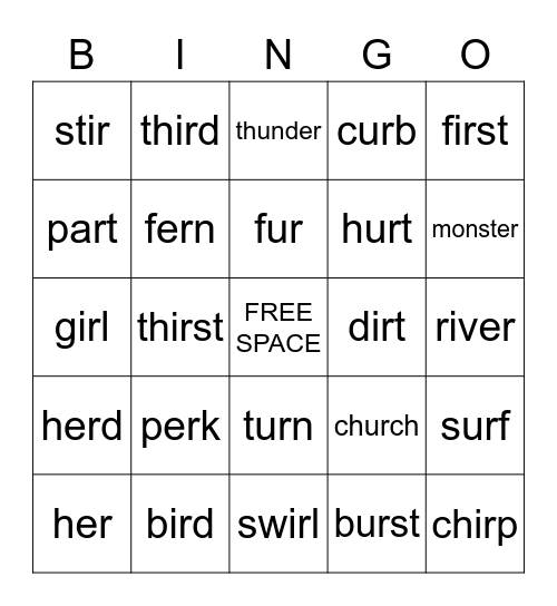 /er/, /ir/, and /ur/ Words Bingo Card