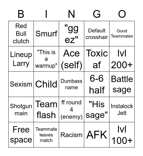 Valorant Bingo Card