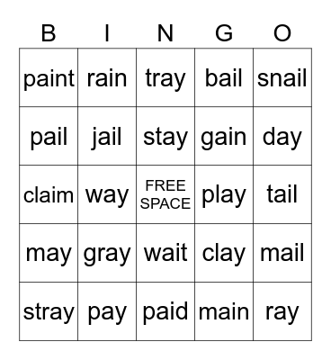 /ai/ and /ay/ Words Bingo Card