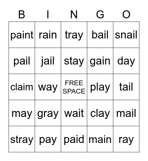 /ai/ and /ay/ Words Bingo Card