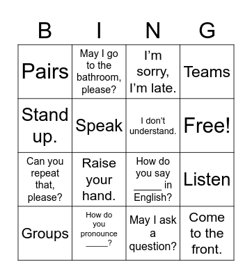 English Classroom Phrases Bingo Card