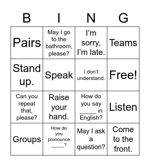 English Classroom Phrases Bingo Card