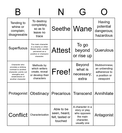 Vocab 12 Bingo Card