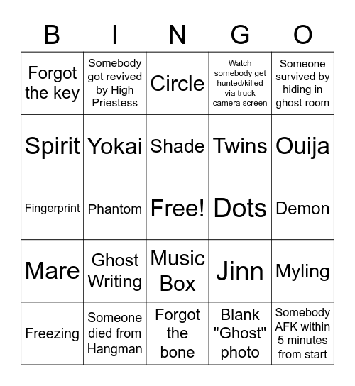 Phasmo Nightmare Bingo Card