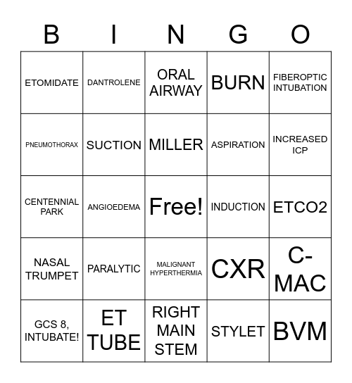 AIRWAY MANAGEMENT BINGO Card