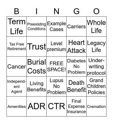 Life Insurance Bingo Card