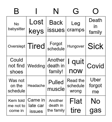 Excuse Bingo Card